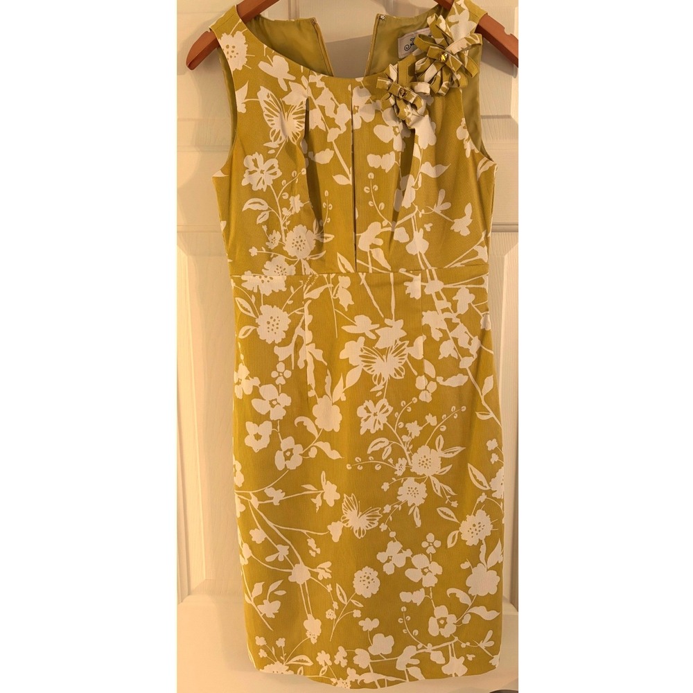 Jessica Howard Mustard Yellow Floral Sheath Dress Rhinestone Accents Size 6